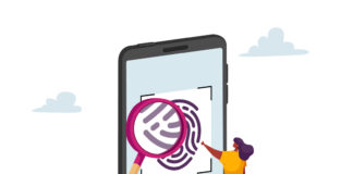 Influencer, alcuni suggerimenti di sicurezza per le password Illustrazione di telefono e sistema di riconoscimento impronta digitale per fare login